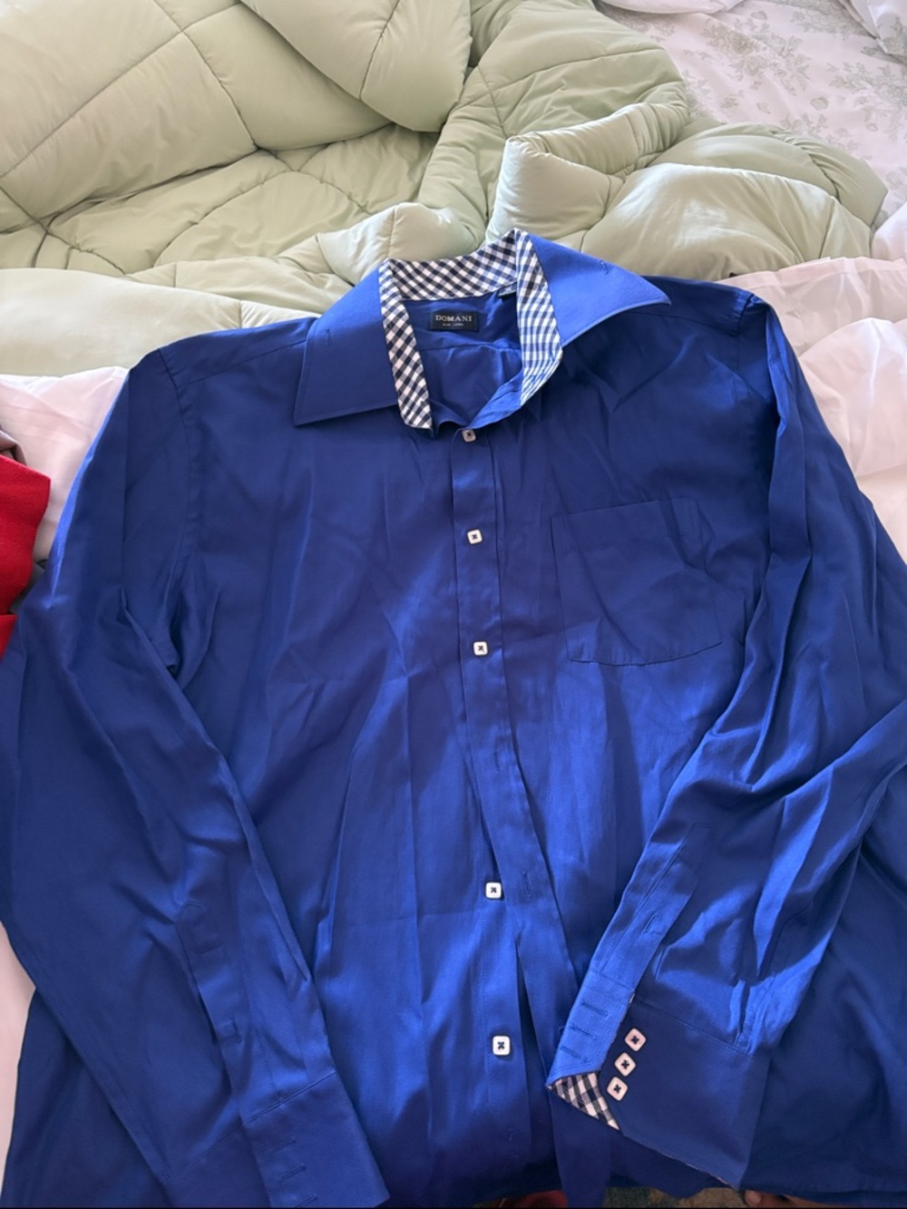 Roma Men's Royal Blue Long-Sleeve Dress Shirt with Check Trim